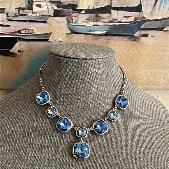 Vintage MONET Blue Faceted Glass Cabochons Necklace - Picture 1 of 5